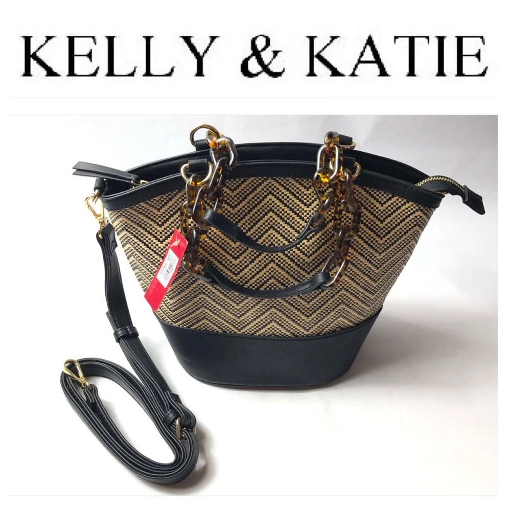Kelly & Katie Black and Tan Woven Satchel with Tortoiseshell Chain